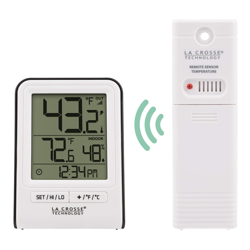La Crosse thermometer showing temperature and humidity readings