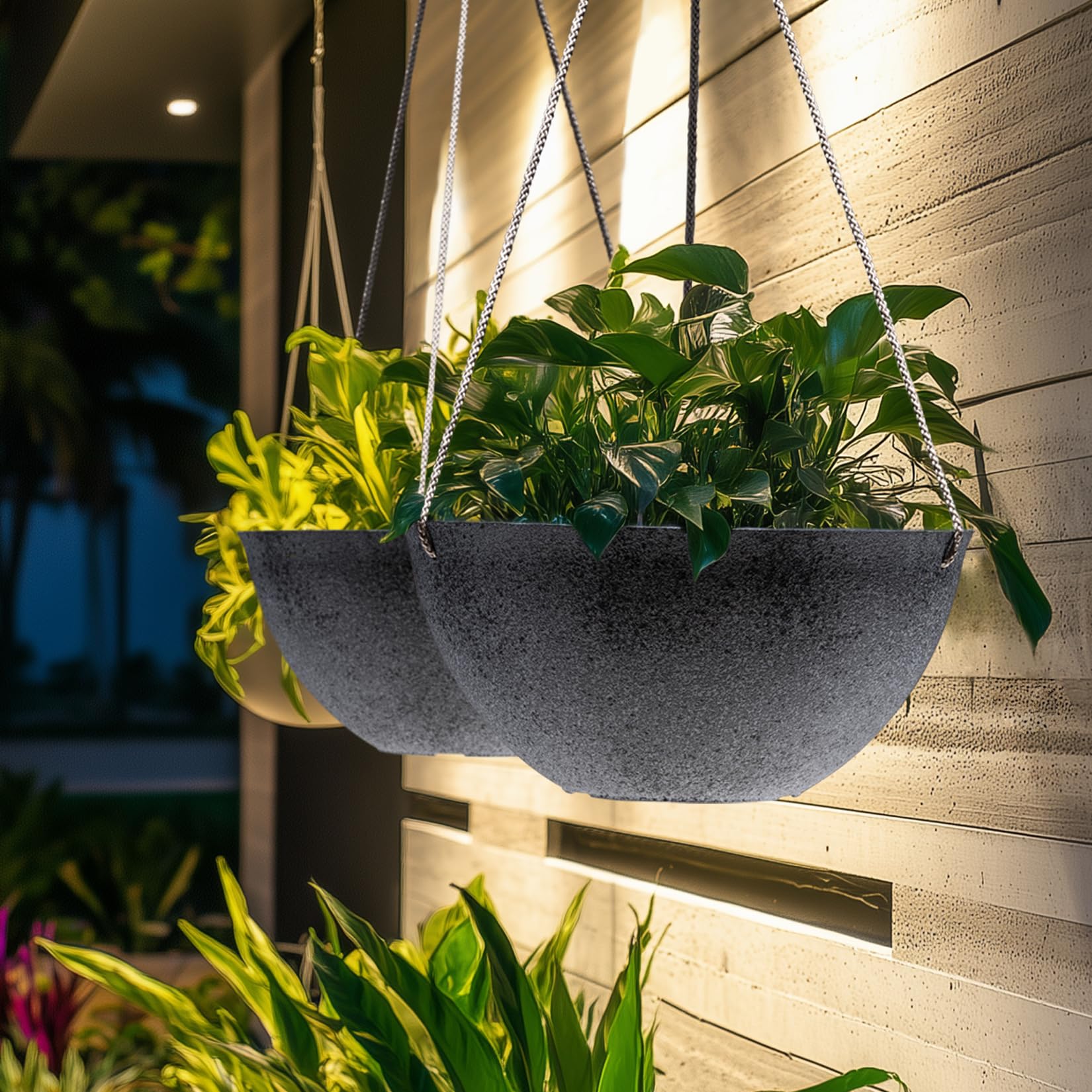 LA JOLIE MUSE Large Hanging Planter with plants, side view