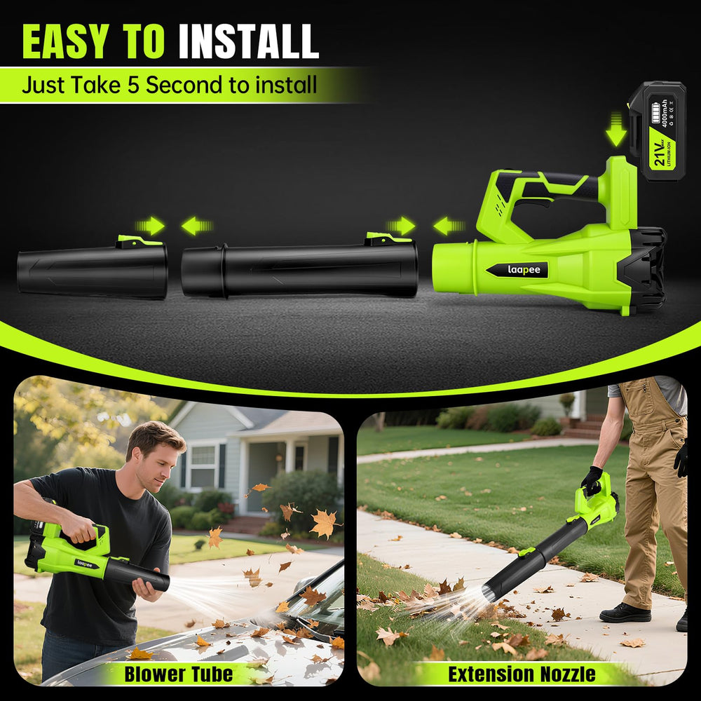 laapee Cordless Leaf Blower stored in garage