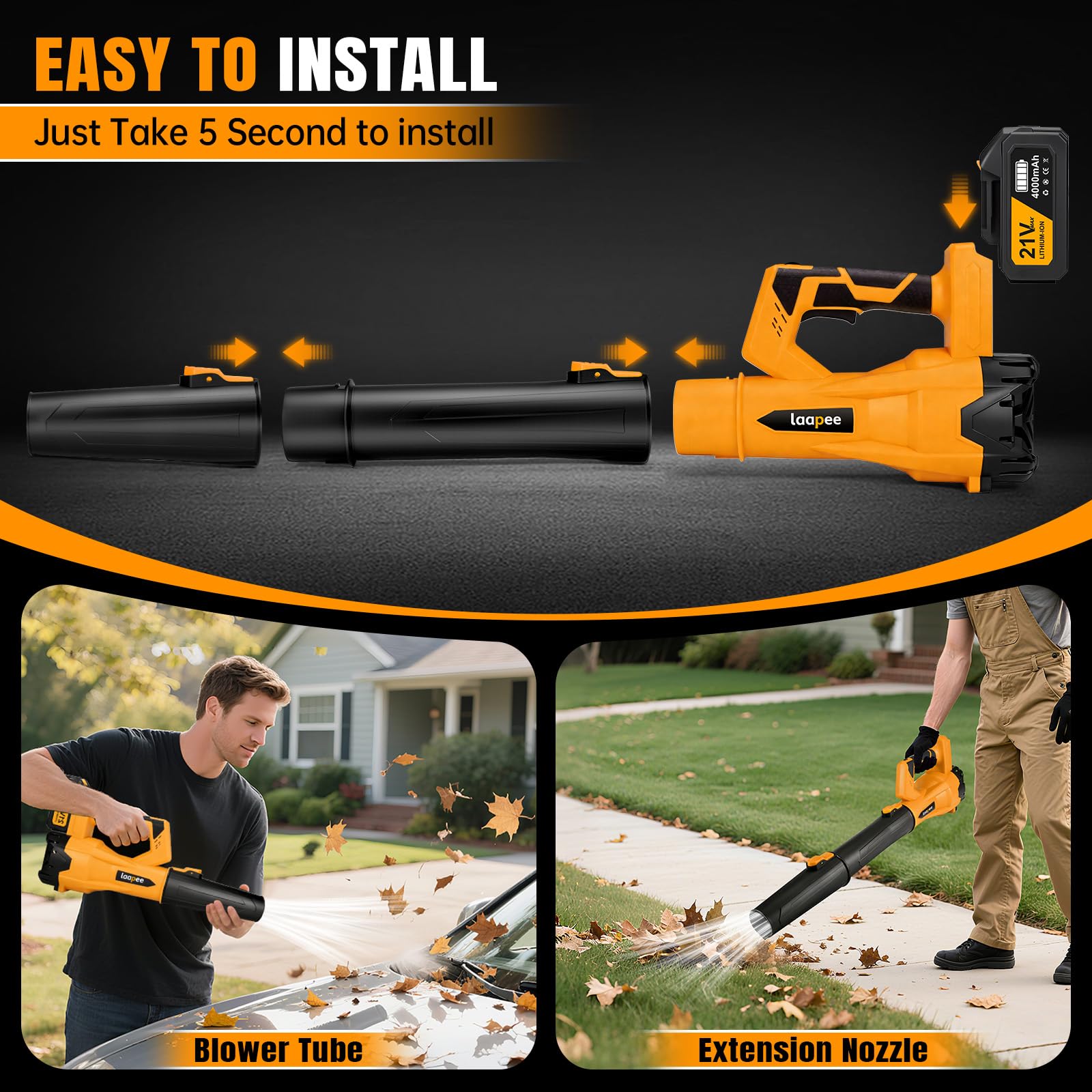 laapee leaf blower in action removing light snow from walkway