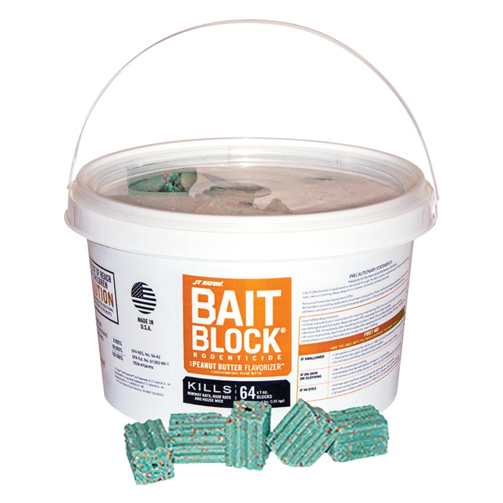 Labels and specifications on JT Eaton Bait Block pail