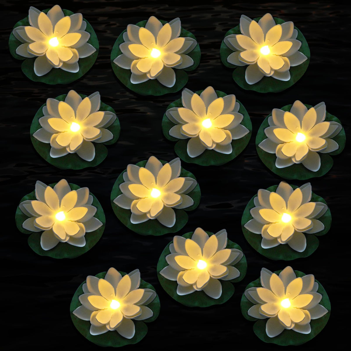 LACGO 12 PCS Floating Lotus Light set in warm white on water