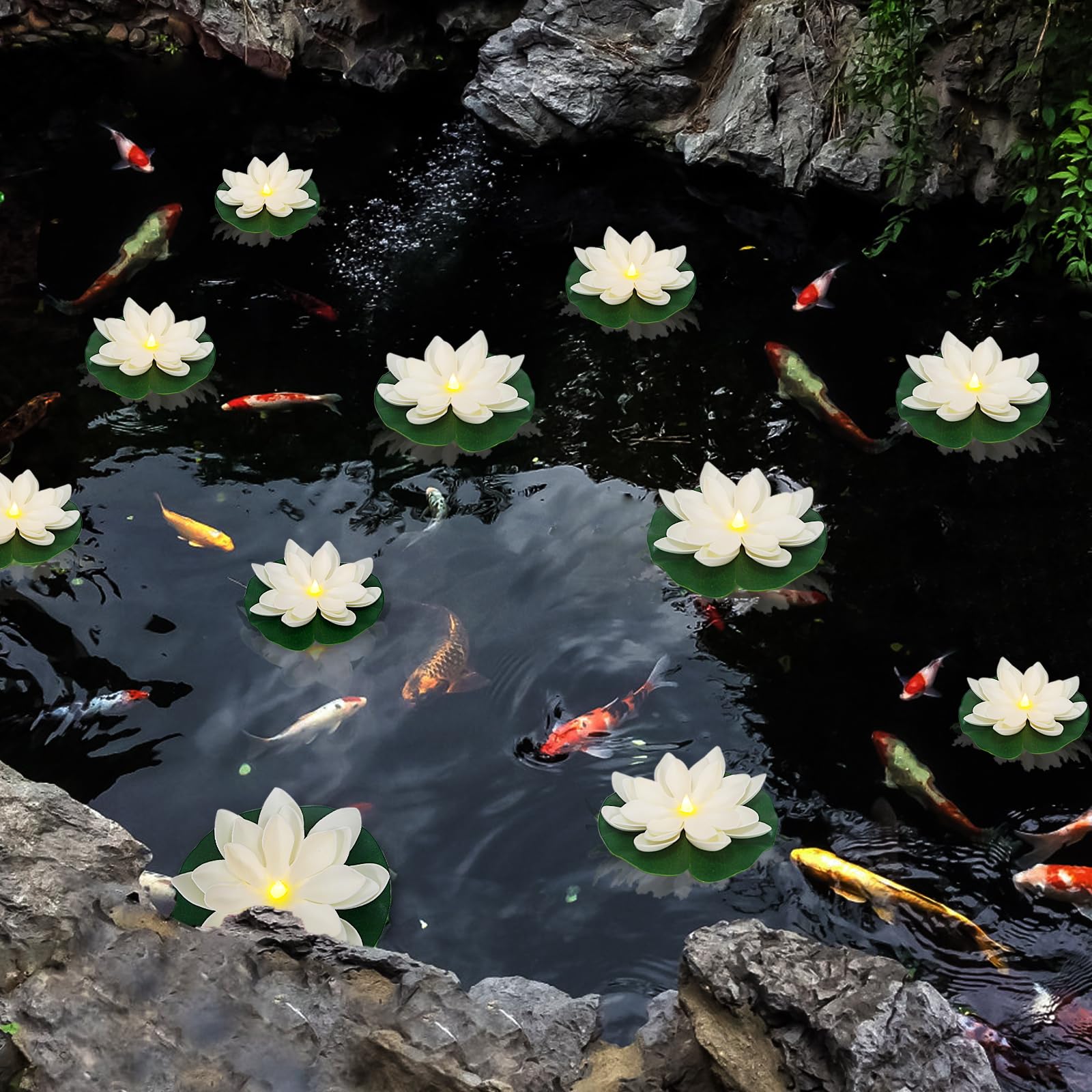 LACGO Floating Lotus Lights arranged in a garden pond