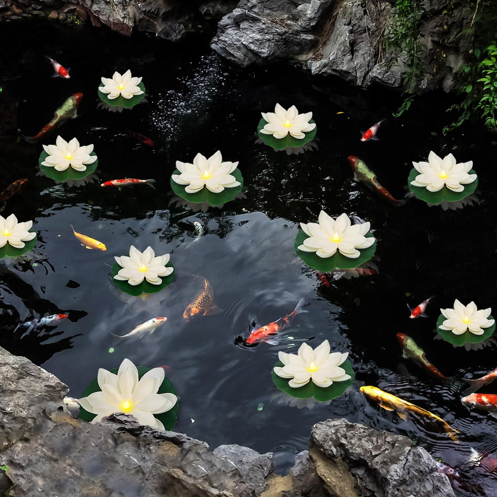 LACGO Floating Lotus Lights arranged in a garden pond