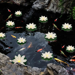 LACGO Floating Lotus Lights arranged in a garden pond