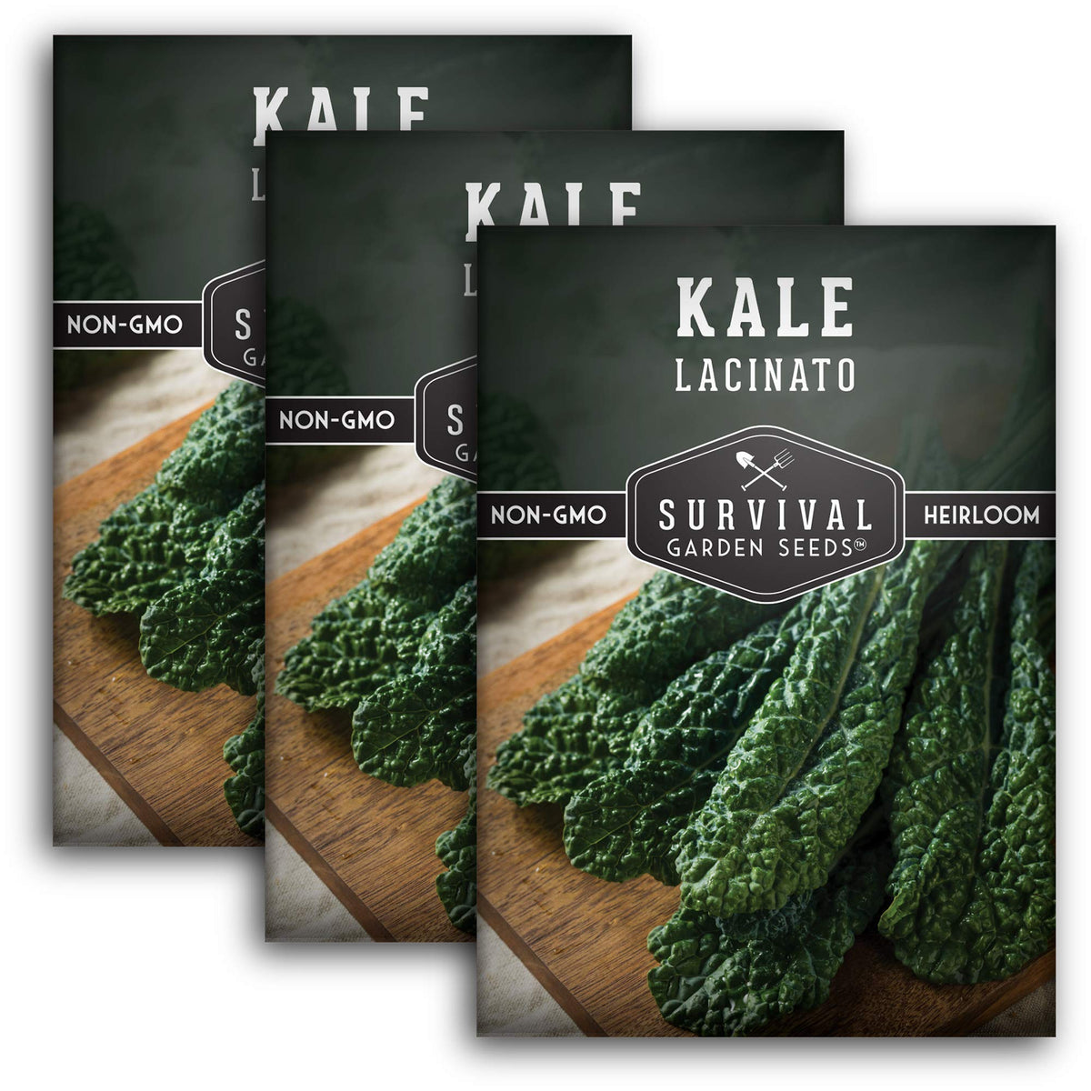 Lacinato Kale Seeds pack front view, green packaging