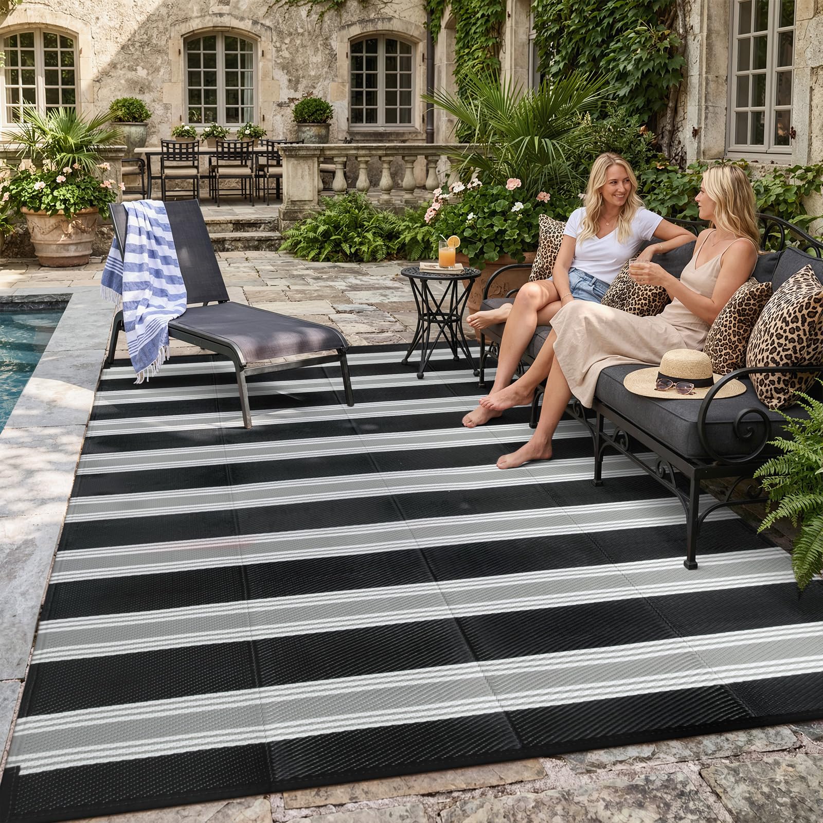 Lahome 6x9 outdoor rug in black and white stripes front view