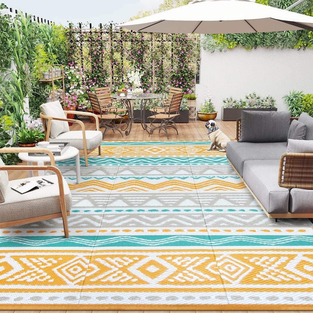 Lahome 9x12 Outdoor Rug blue and yellow front view