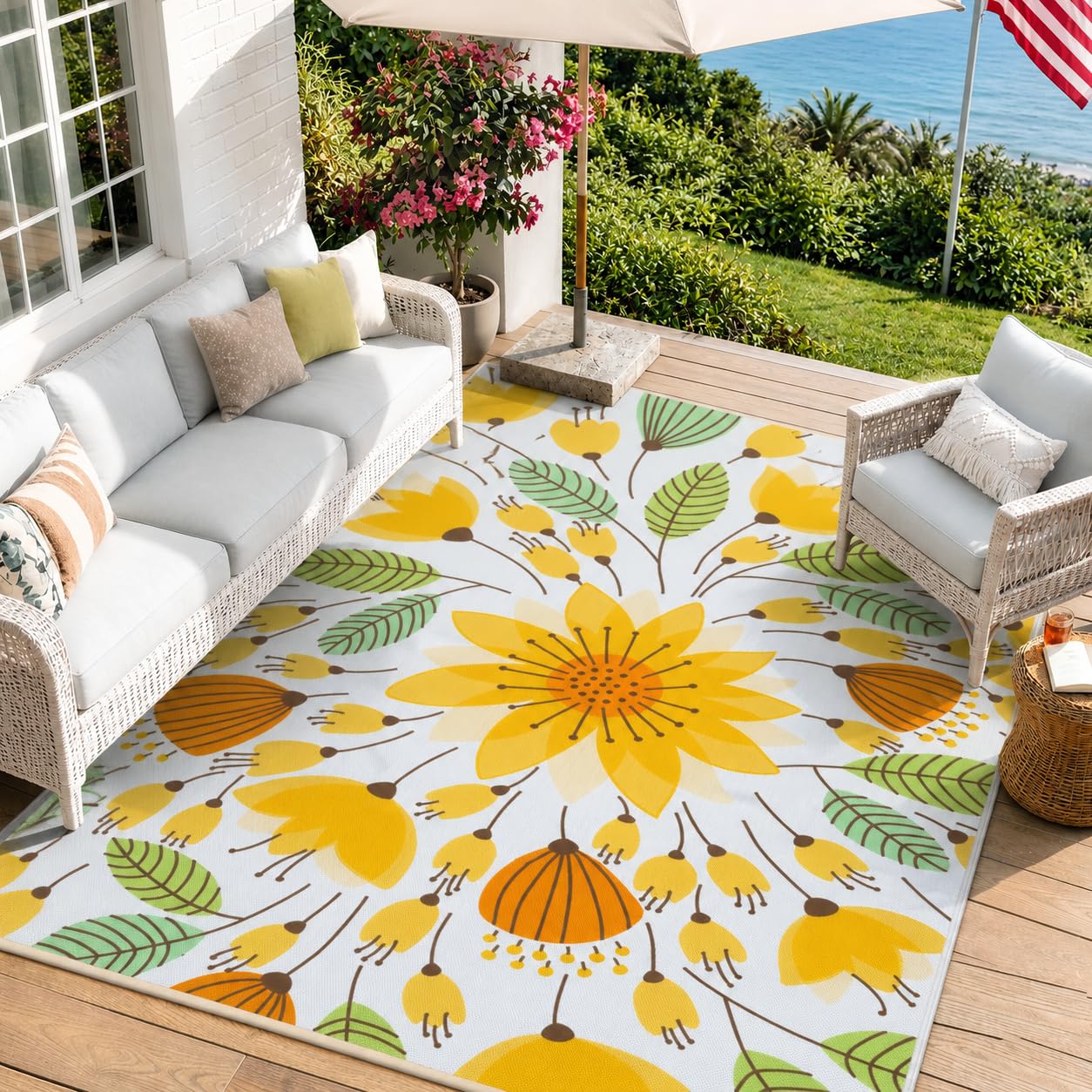 Lahome Floral Indoor Outdoor Rug 6x9ft Yellow front view