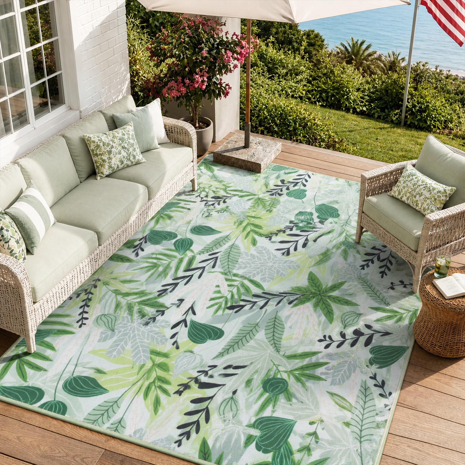 Lahome Leaf Indoor Outdoor Rug folded for storage