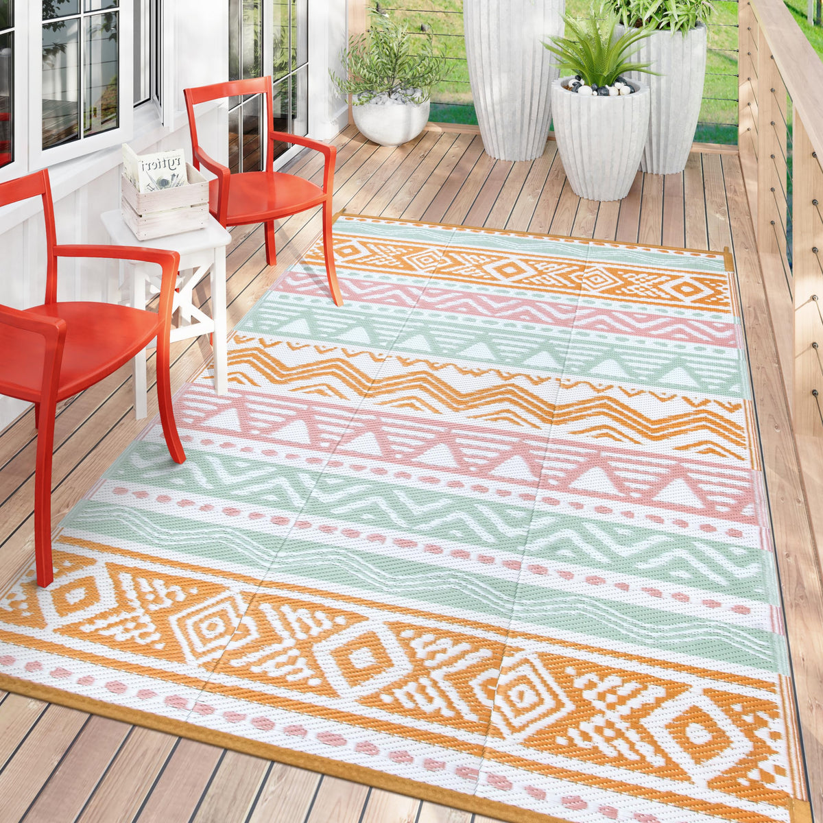 Lahome Outdoor Rug 5x8ft pink and orange design front view