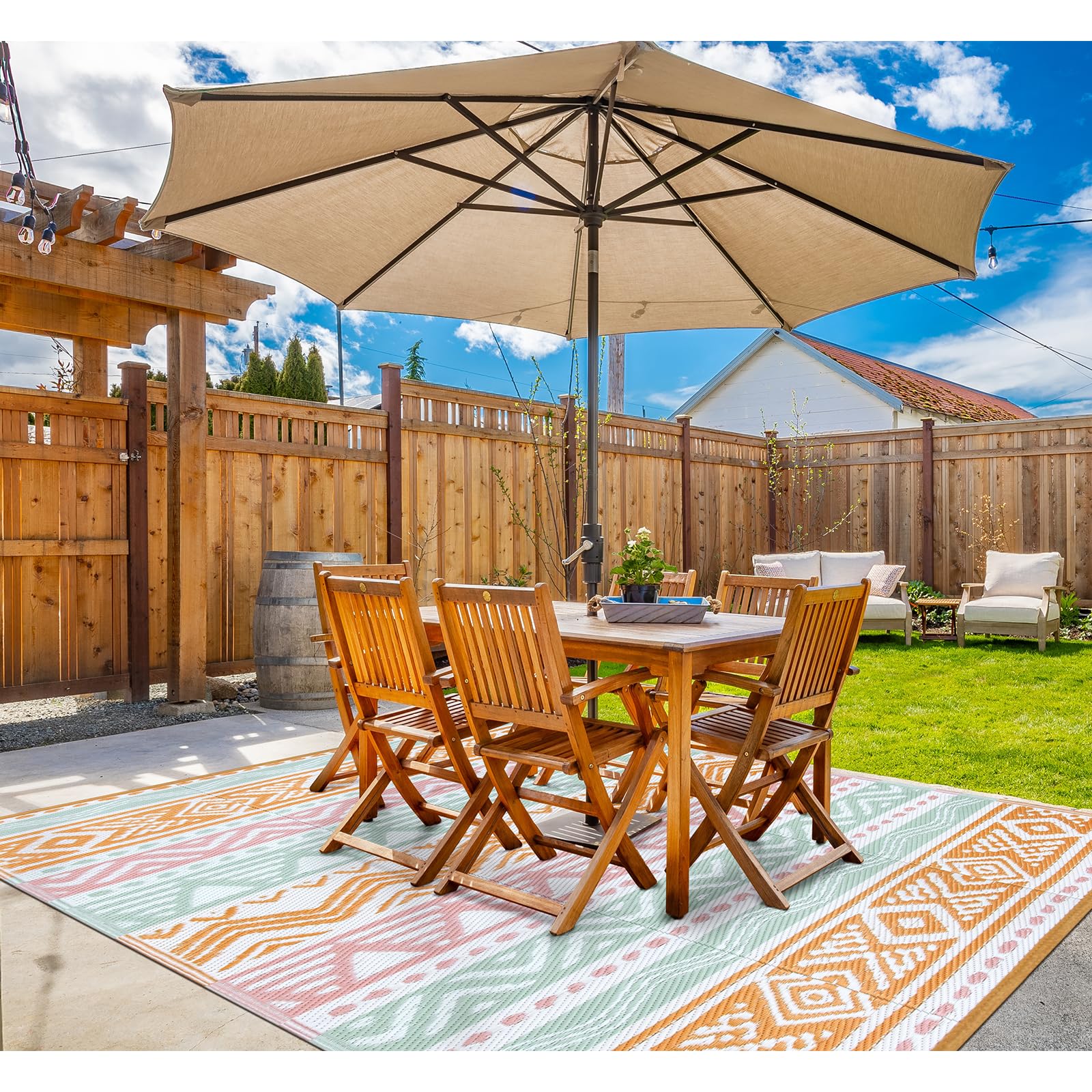 Lahome Outdoor Rug 8x10 in a picnic setup