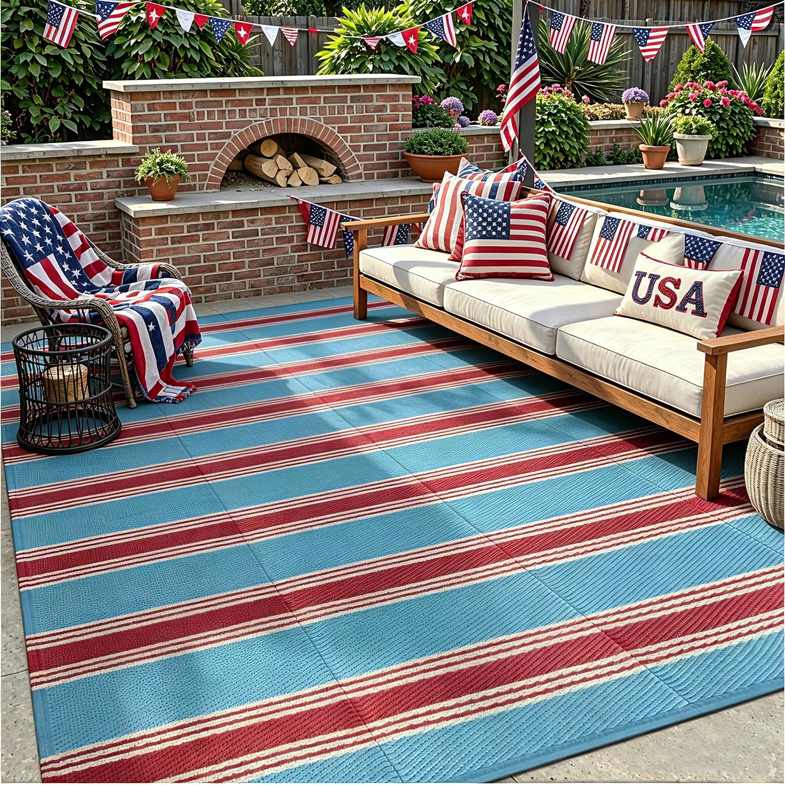Lahome Outdoor Rug displayed in a garden setting