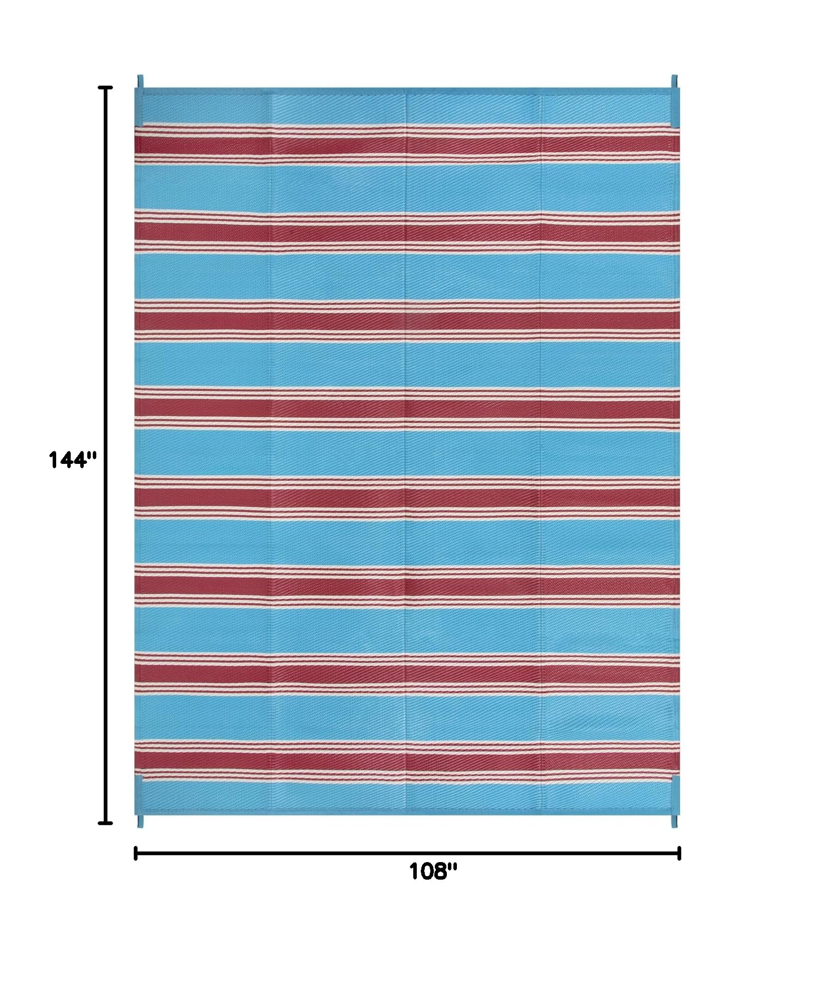 Lahome Outdoor Rug features blue and red stripes