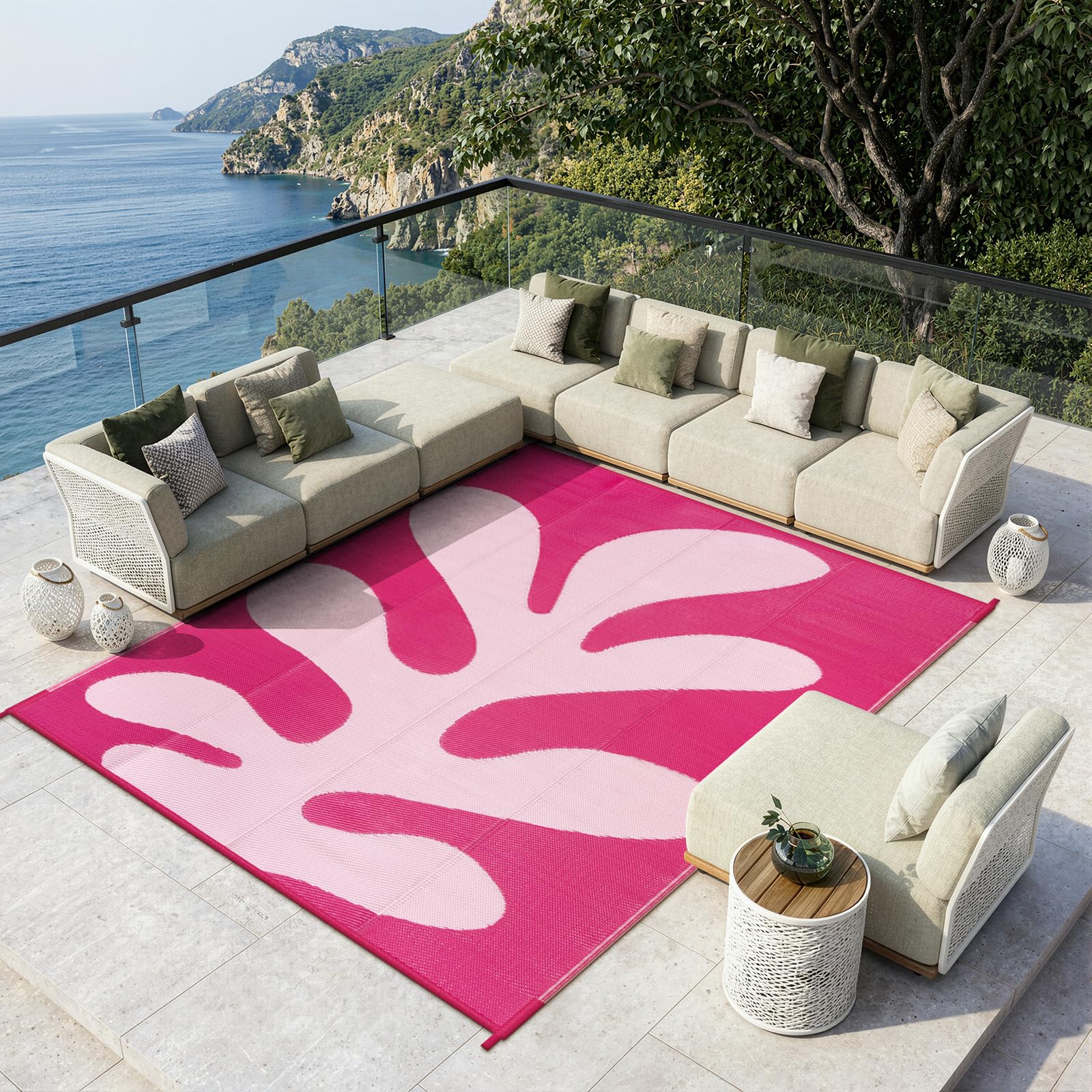 Lahome Outdoor Rug laid out on grass