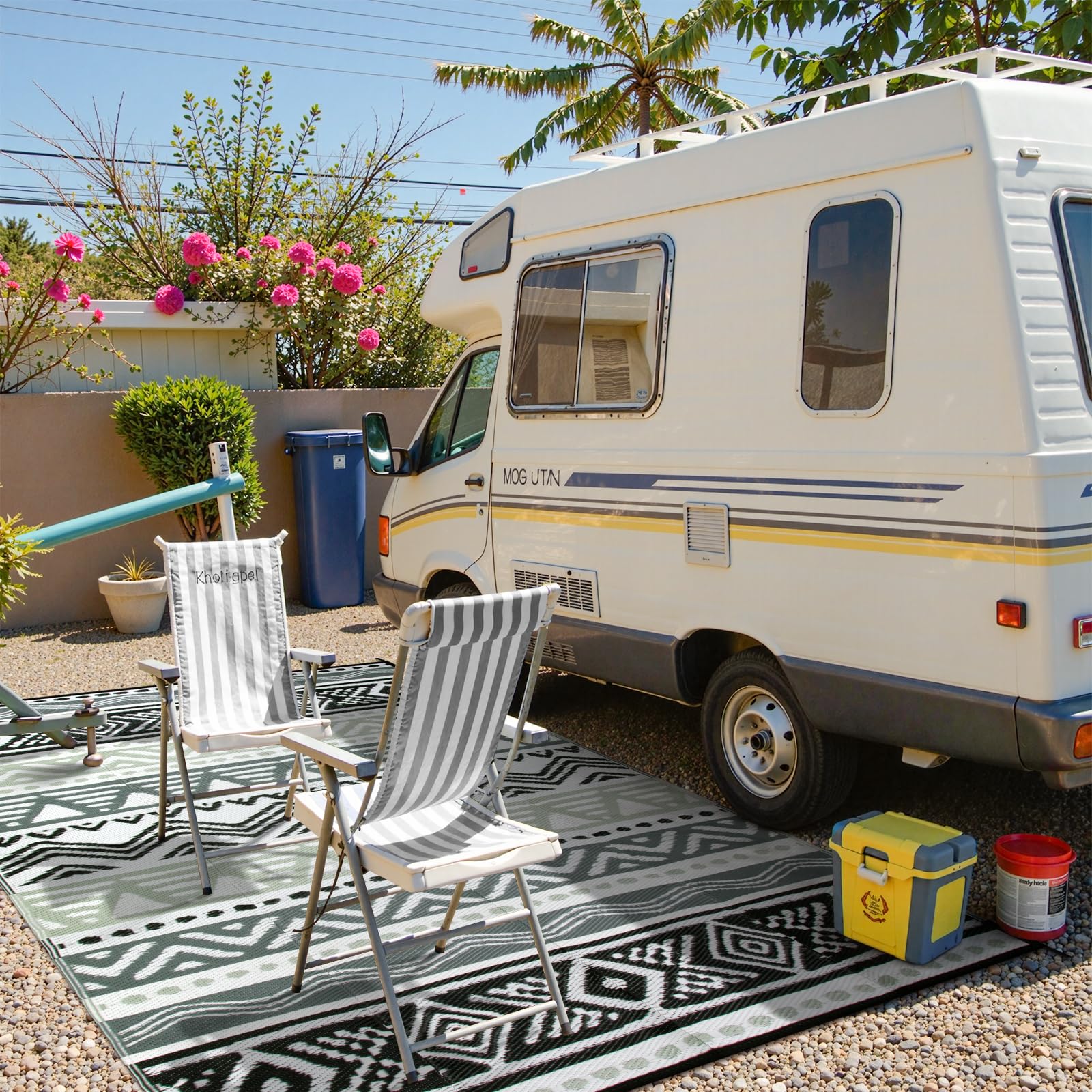 Lahome Outdoor Rug placed on a patio