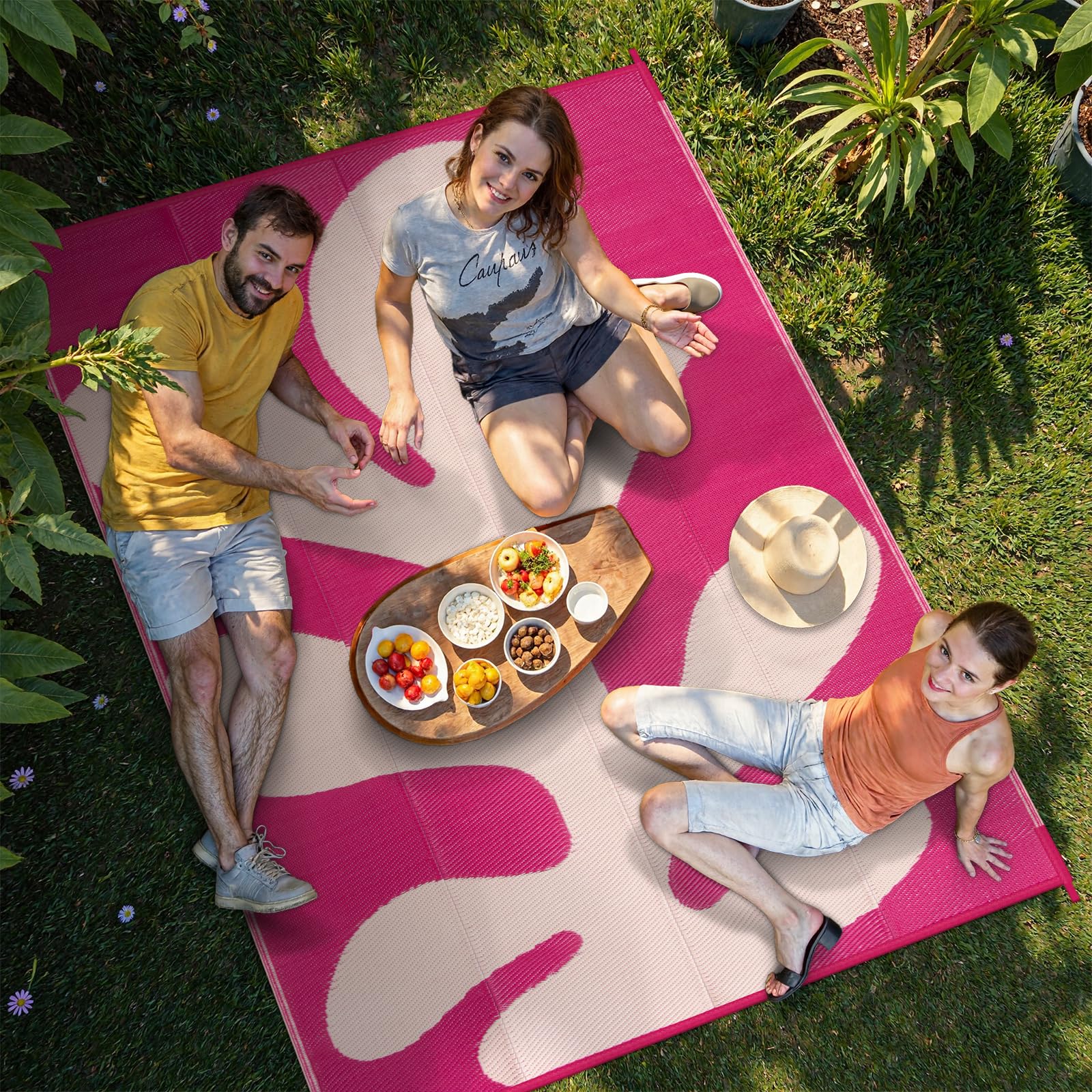Lahome Outdoor Rug secured with stakes