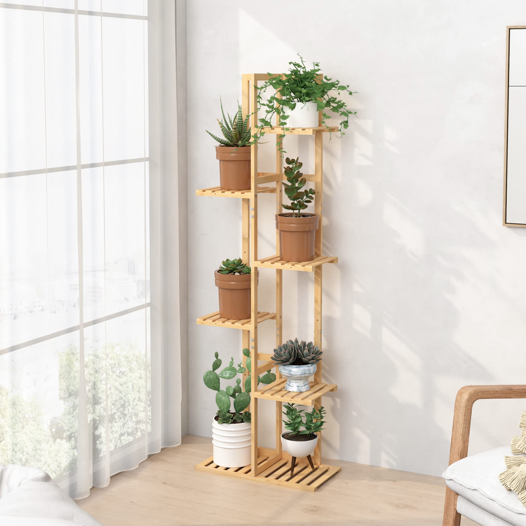 Laiensia Bamboo Plant Stand 6 Tier with plants displayed