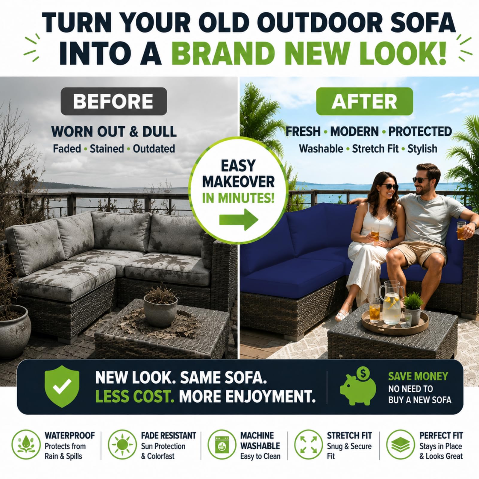 Lake Blue outdoor cushion covers displayed on patio furniture