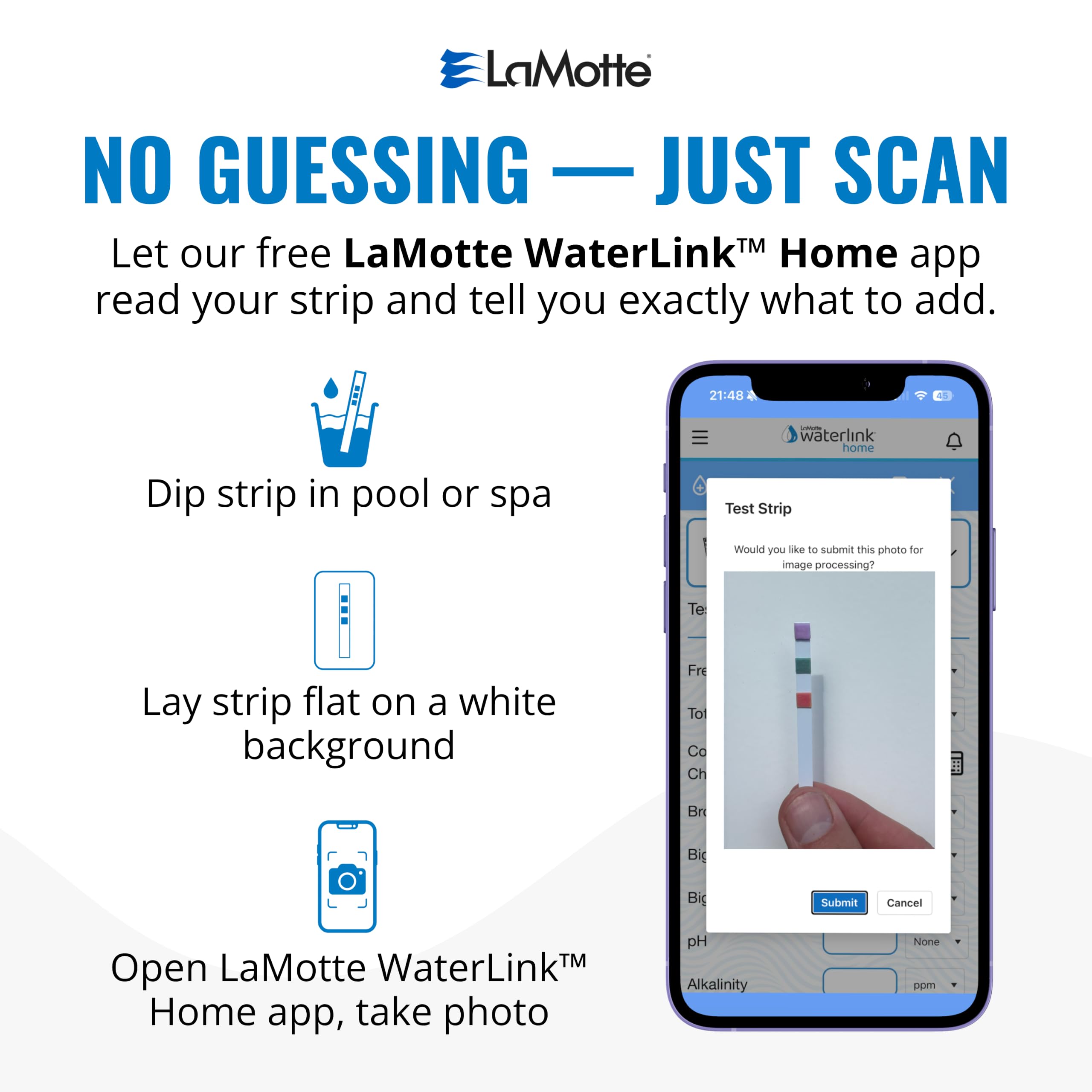 LaMotte pool test strips package dimensions on table