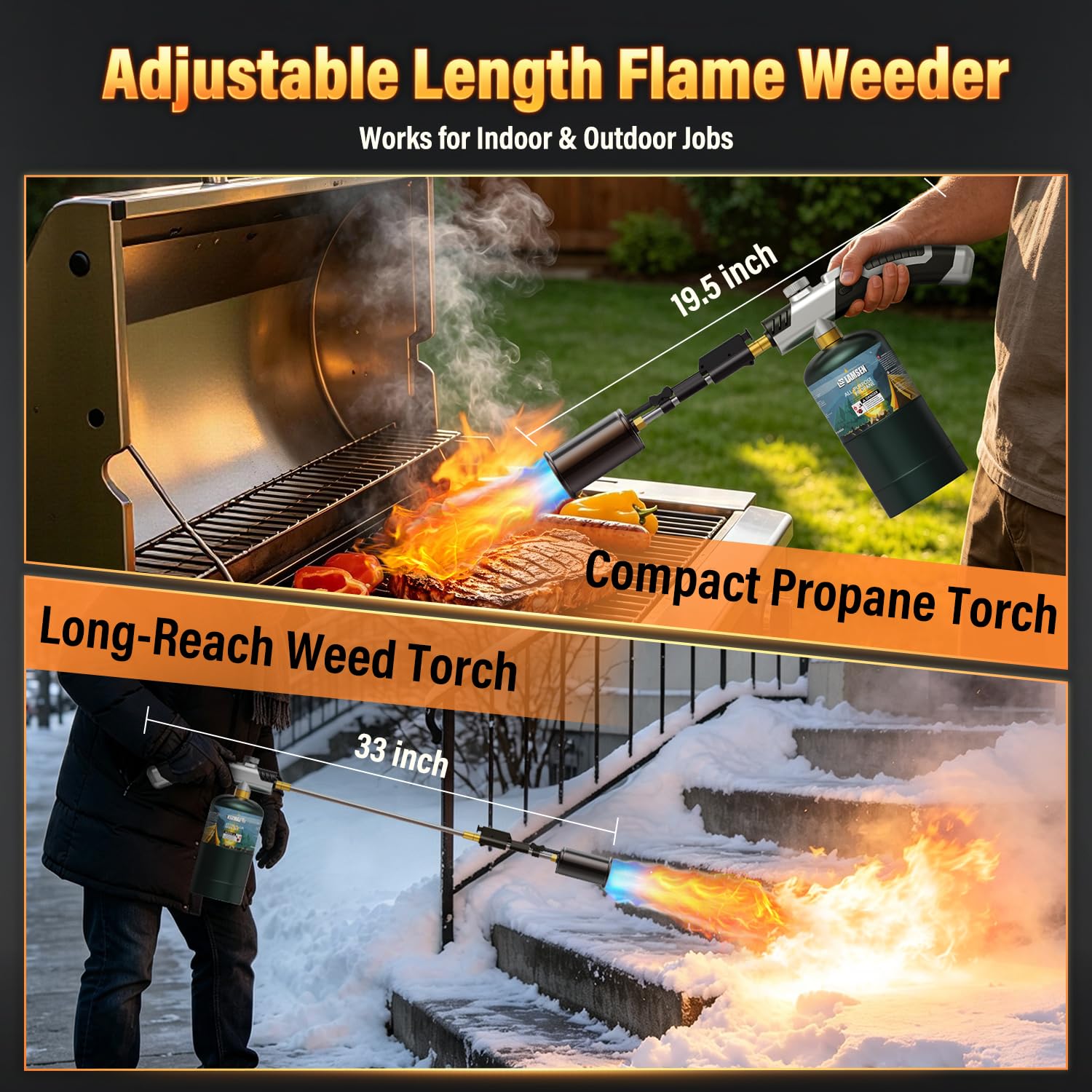Lamsen Propane Weed Torch showing long reach attachment