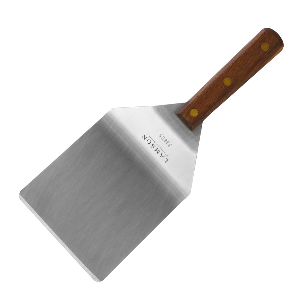 Lamson Burger Spatula front view showing walnut handle and stainless steel blade