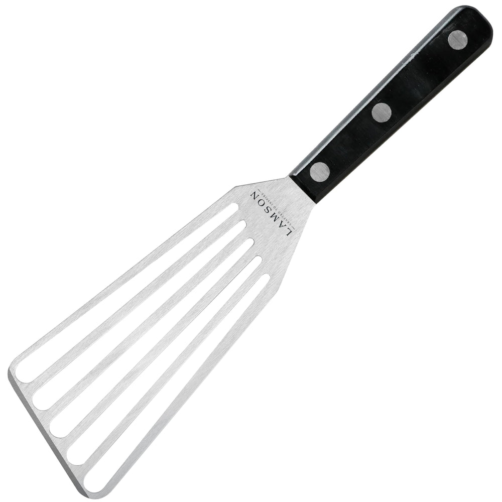 Lamson Left Hand Slotted Turner front view with stainless steel blade