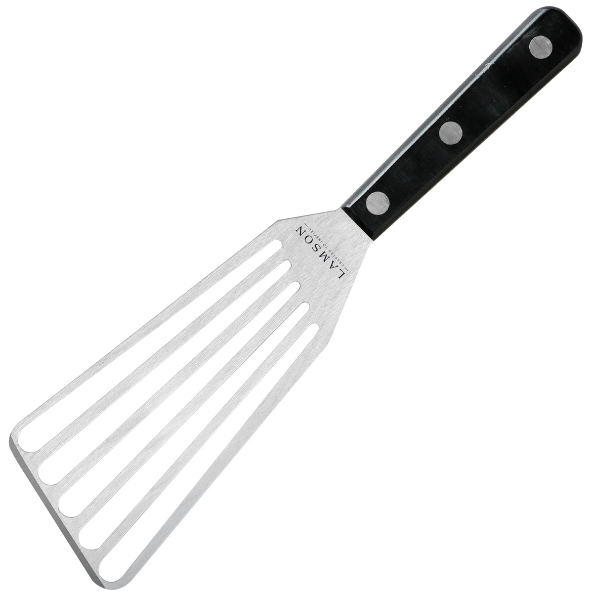 Lamson Left Hand Slotted Turner front view with stainless steel blade