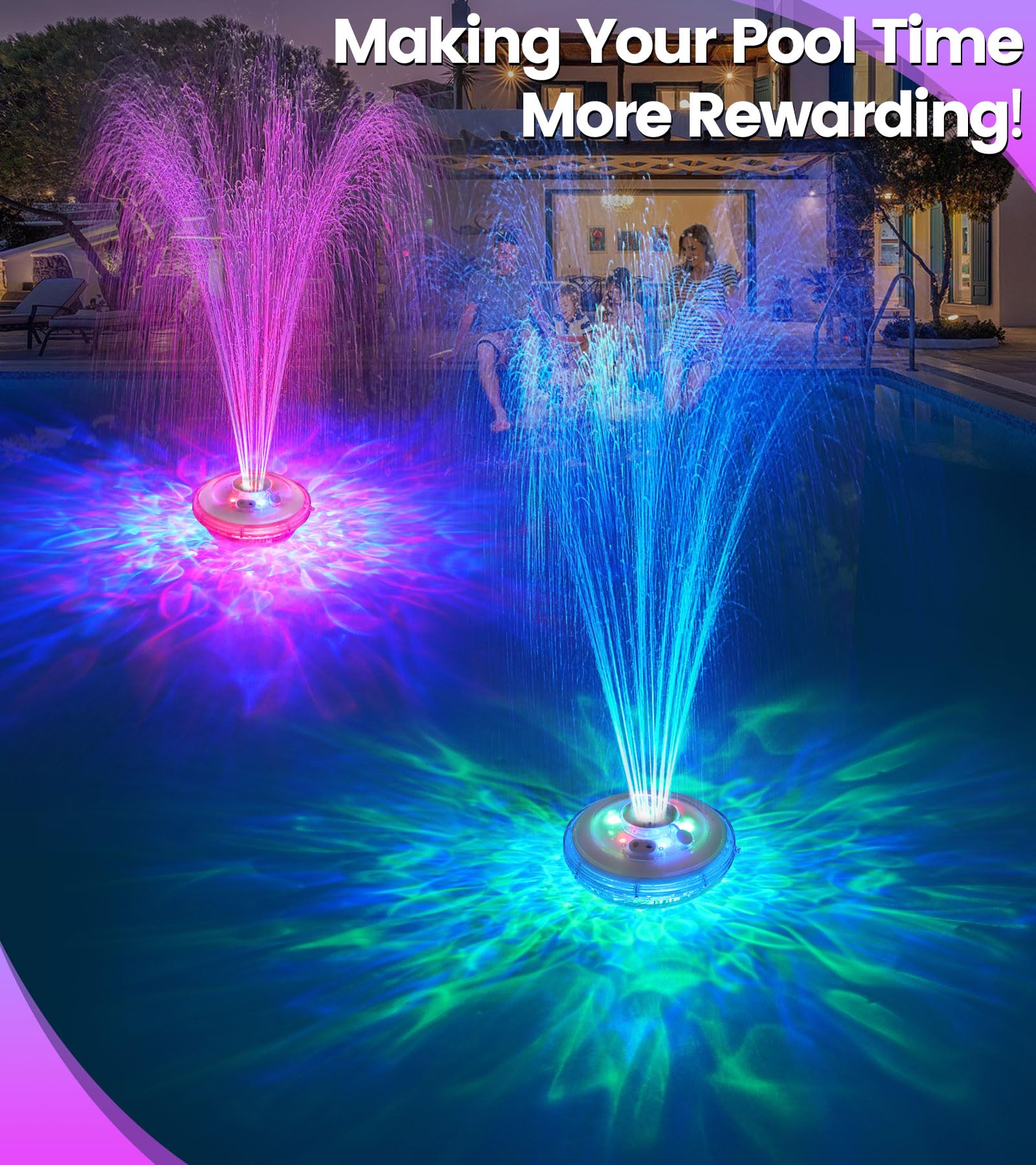 LanAqua Floating Pool Fountain at night with lights on
