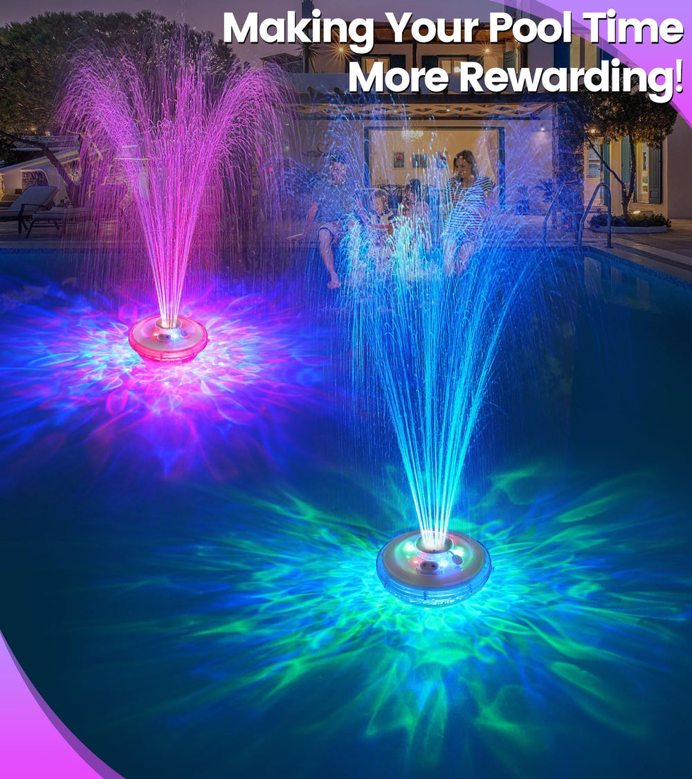 LanAqua Floating Pool Fountain at night with lights on