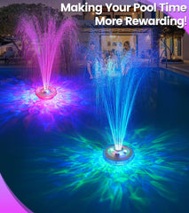 LanAqua Floating Pool Fountain at night with lights on