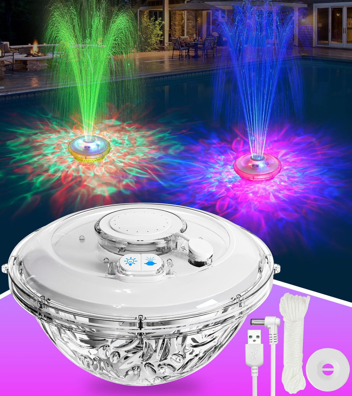 LanAqua Floating Pool Fountain front view with lights