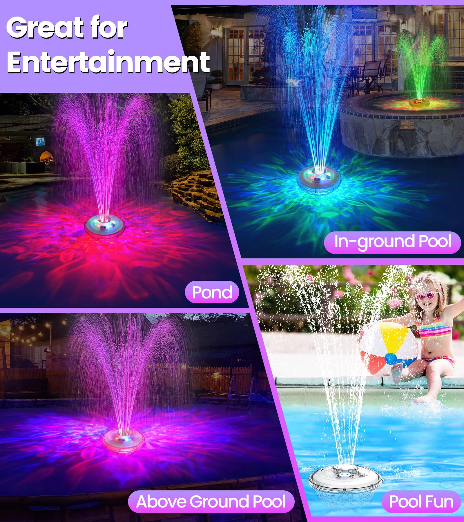 LanAqua Floating Pool Fountain packaging with specifications