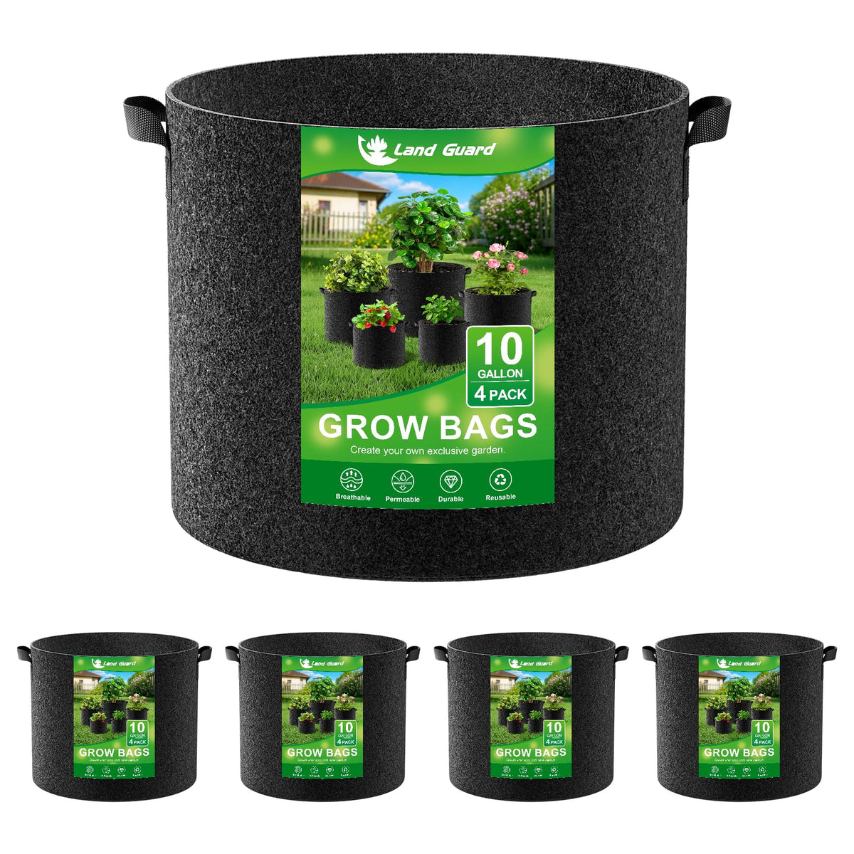 Land Guard 10 Gallon Fabric Grow Bag front view in black