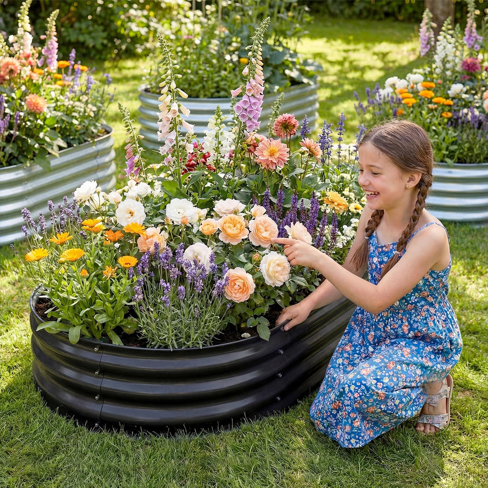Land Guard garden bed with flowers growing inside