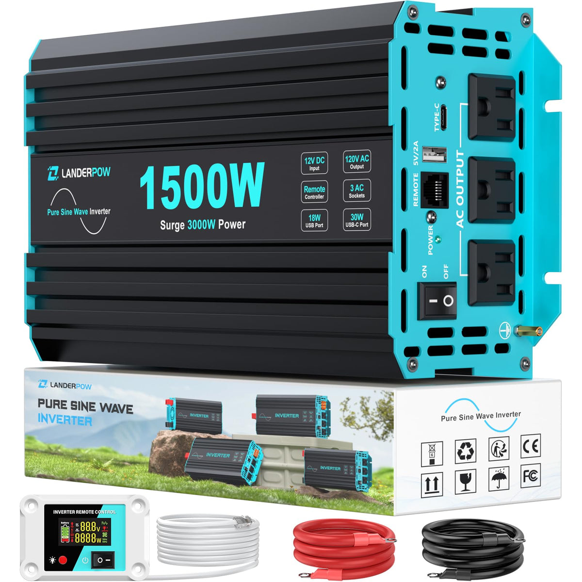 LANDERPOW 1500 Watt Pure Sine Wave Inverter front view