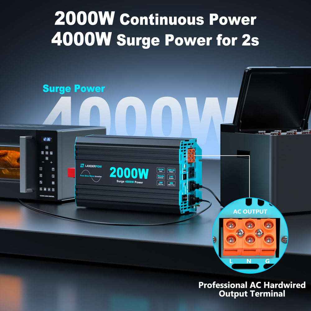 LANDERPOW inverter side view with battery cables