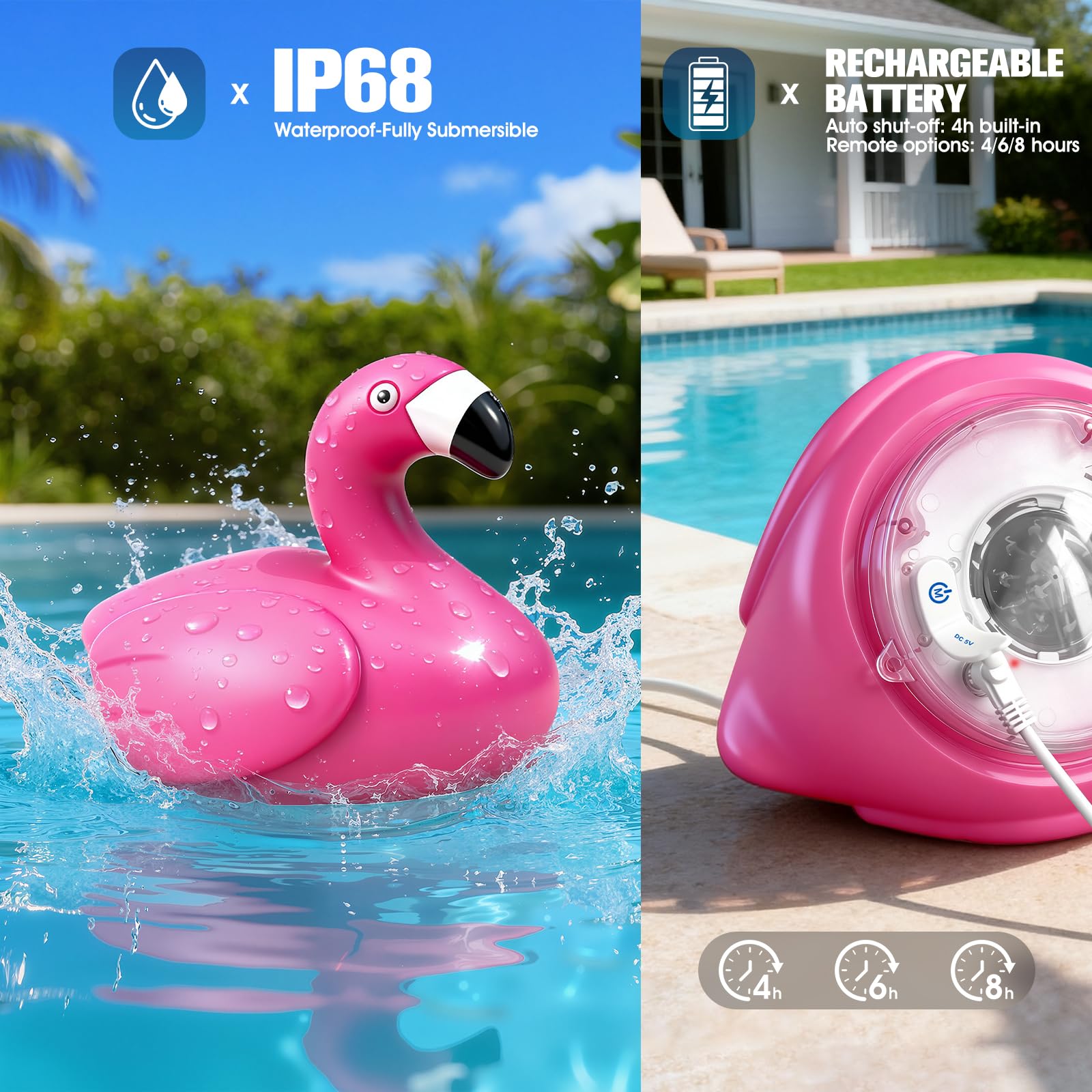 LanPool Flamingo Pool Light placed in an outdoor pool