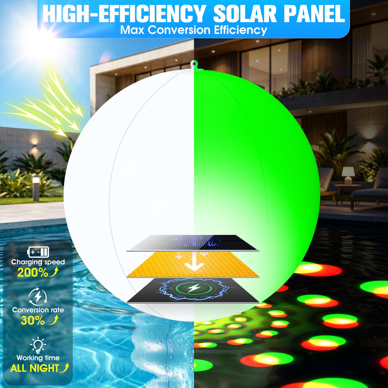 LanPool solar floating pool light illuminating water surface