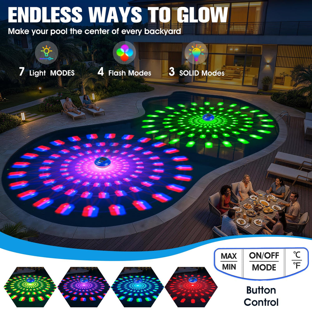 LanPool Solar Floating Pool Light in pool with light projection