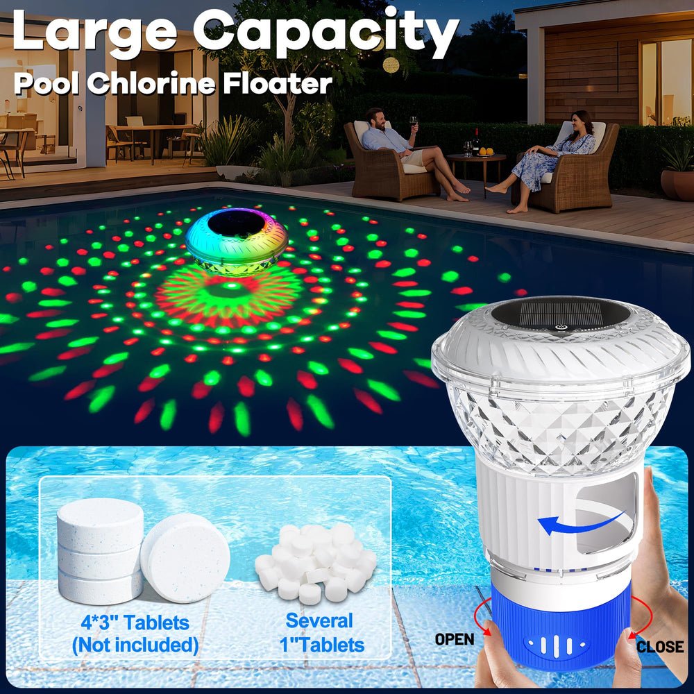 LanSuper Pool Chlorine Floater in use at night with colourful lights