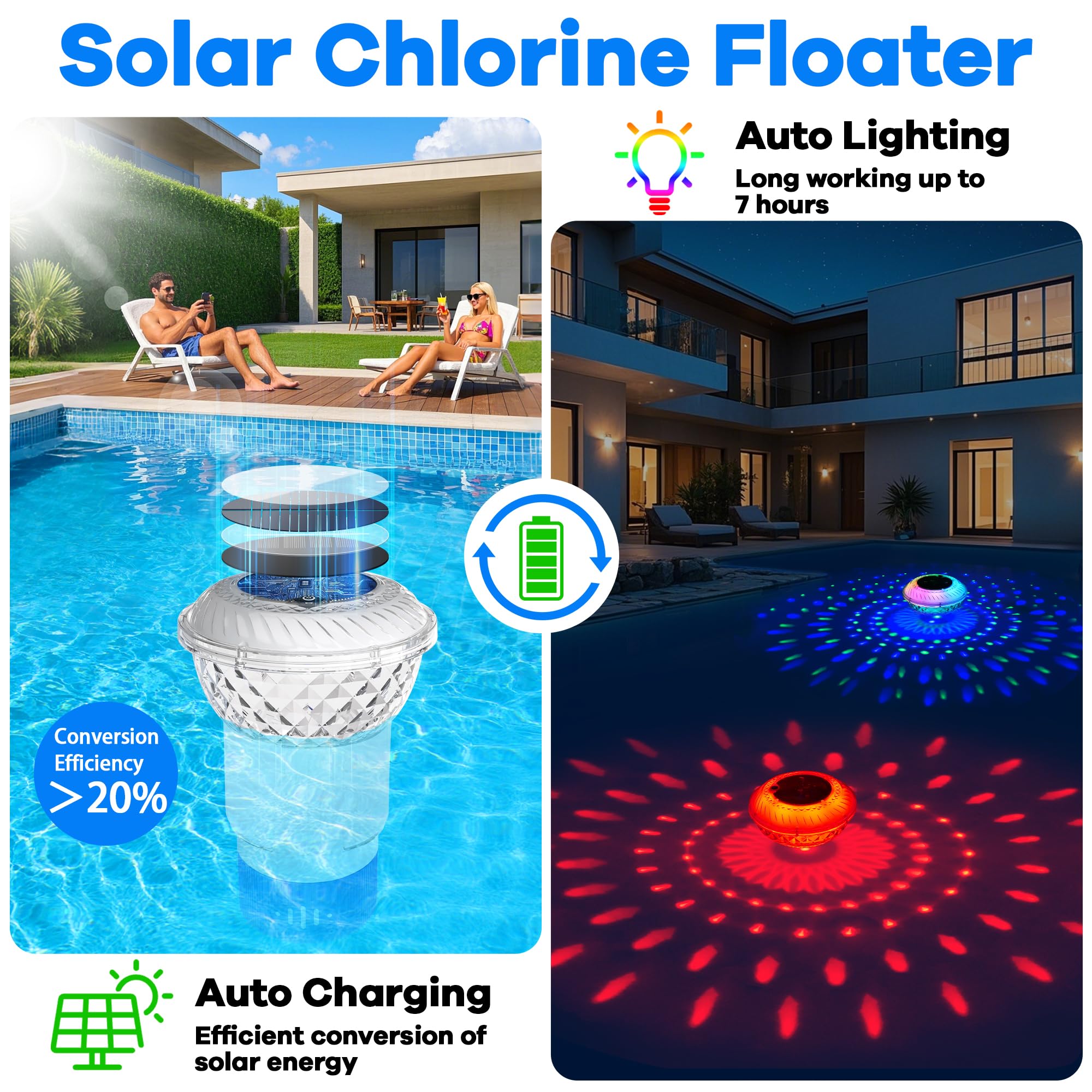 LanSuper Pool Chlorine Floater showing lighting features in water