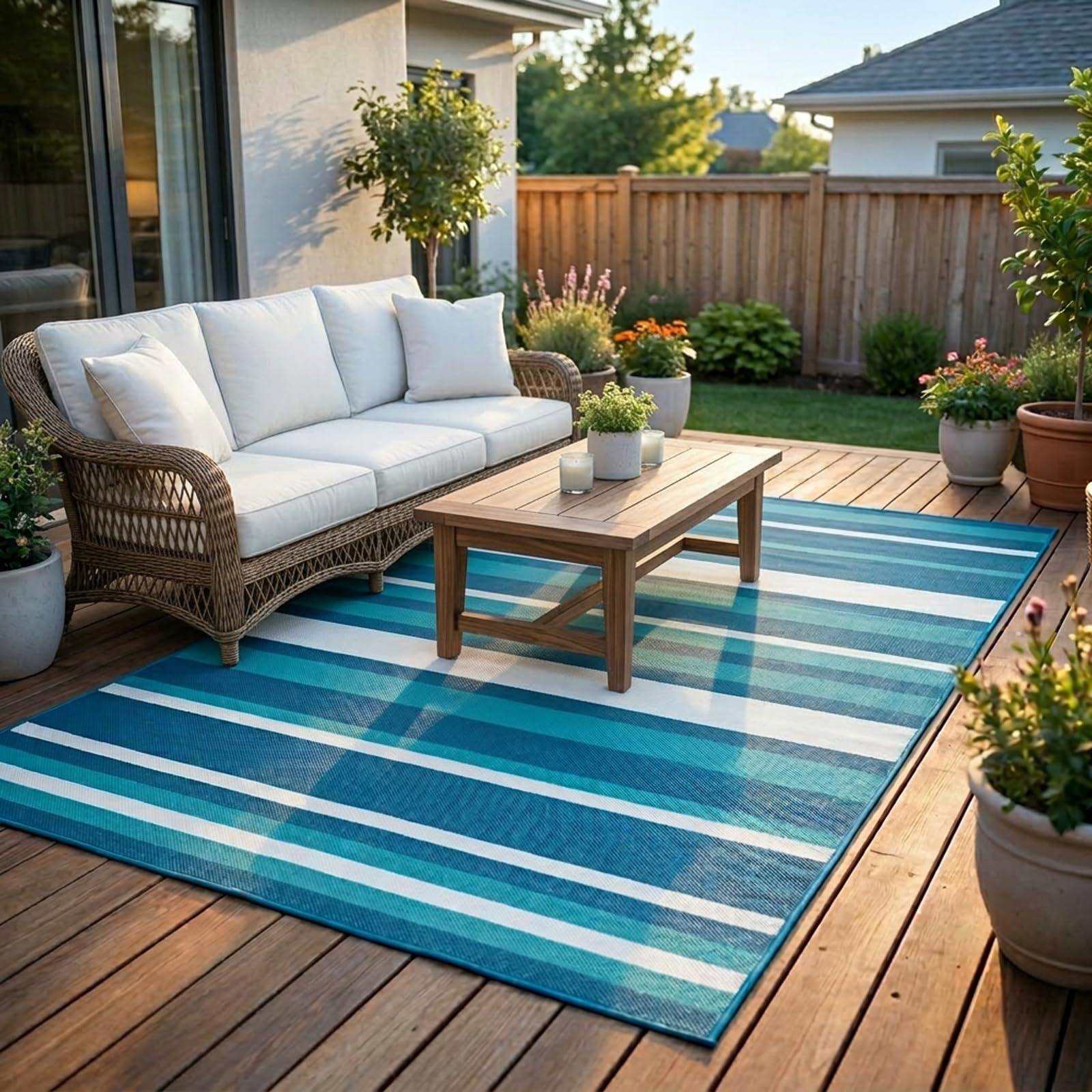 LANVIA Outdoor Patio Rug on a deck with outdoor furniture