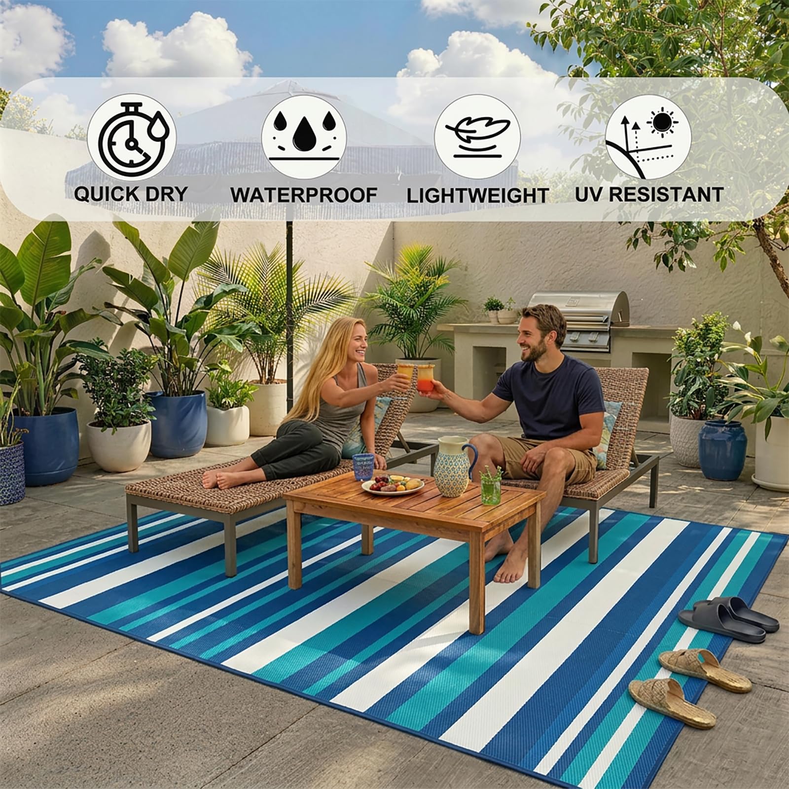 LANVIA Outdoor Patio Rug rolled up with carrying bag