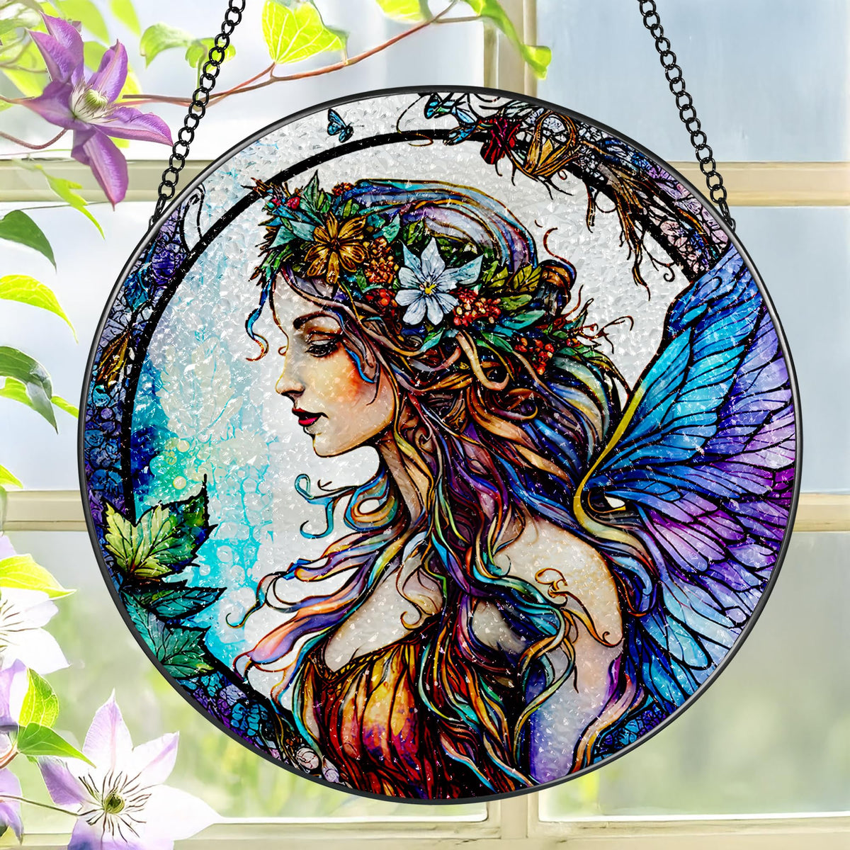 LAOWEIKI 8-inch Fairy stained glass suncatcher front view