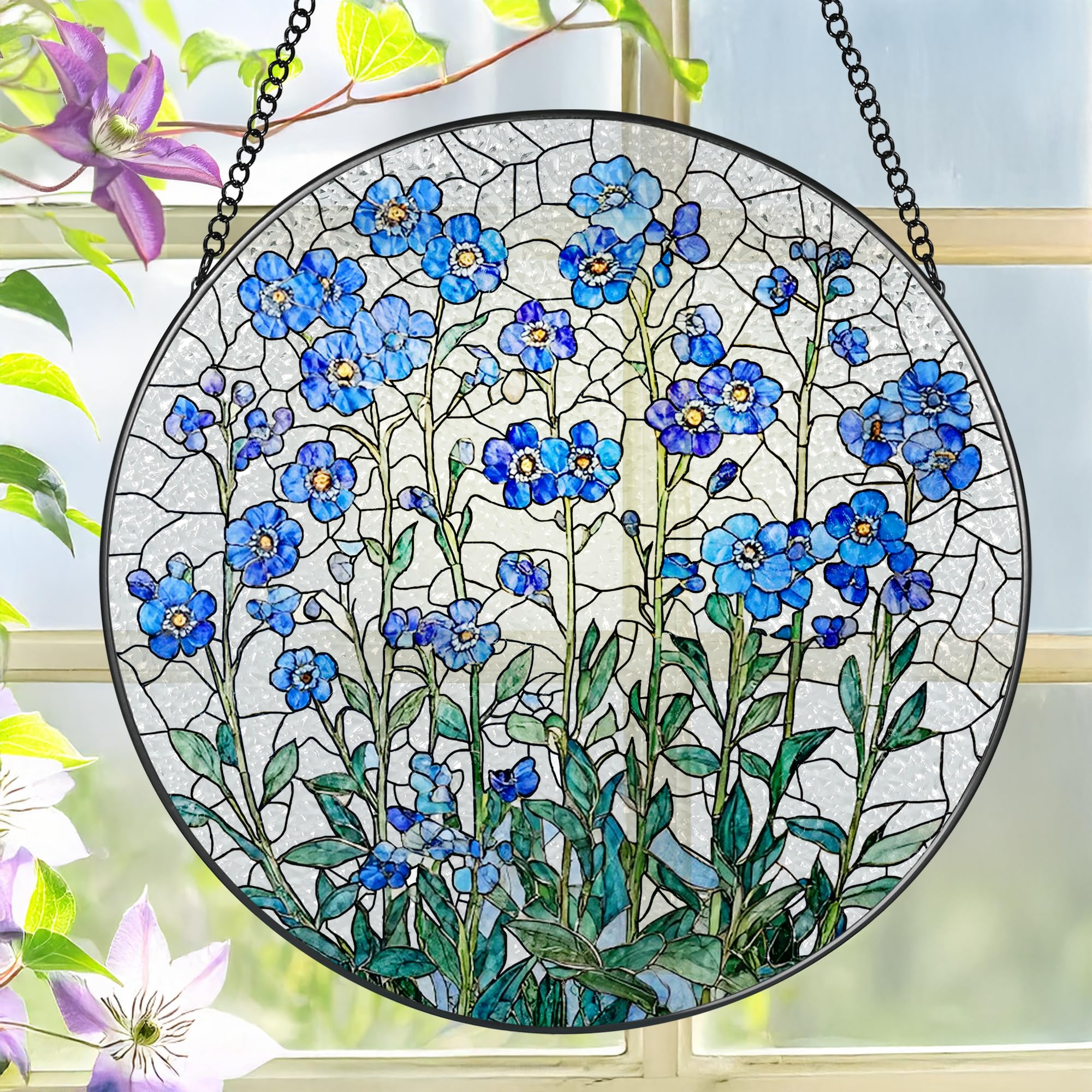 LAOWEIKI 8 Inch Forget-Me-Not Stained Glass Suncatcher front view