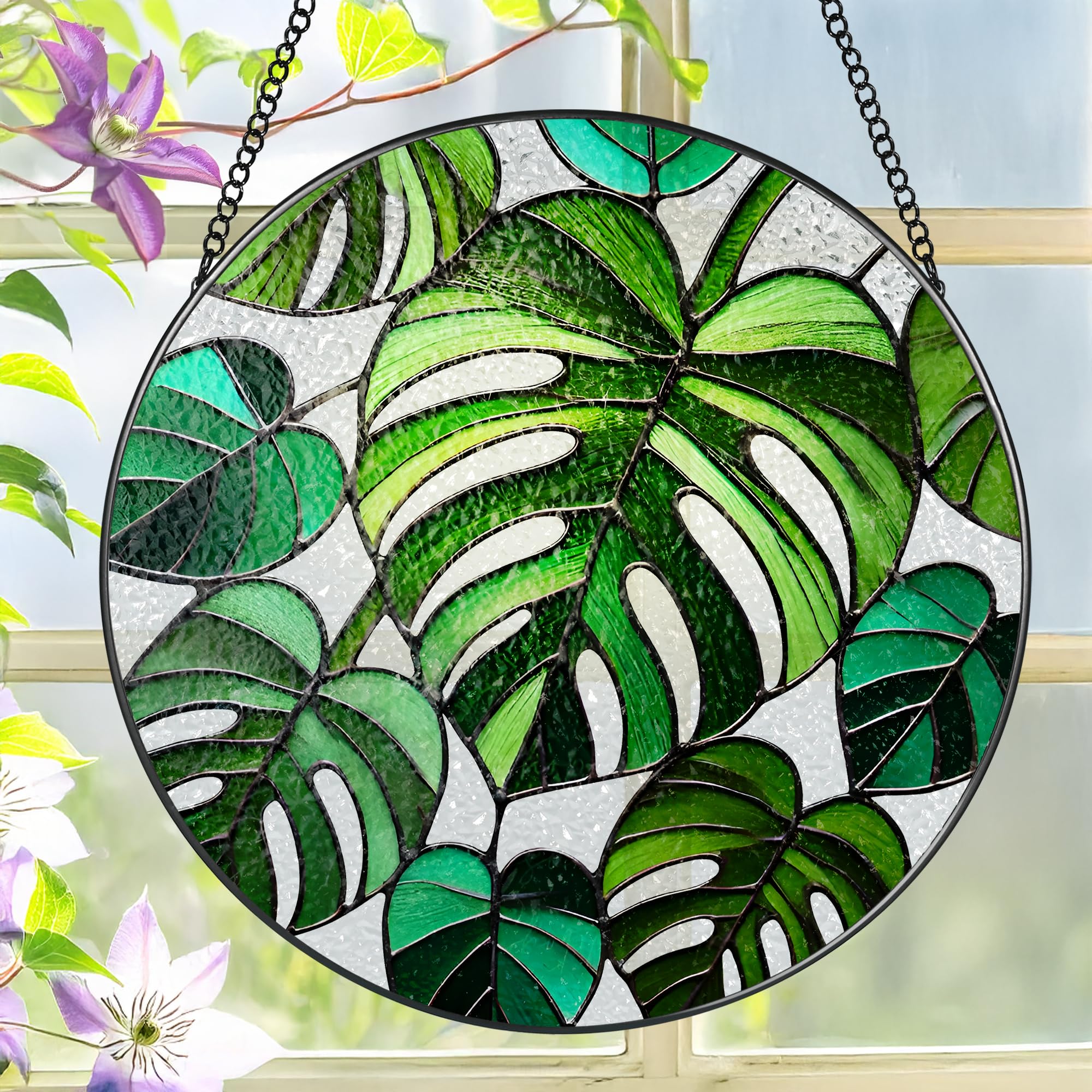 LAOWEIKI 8 inch Monstera stained glass suncatcher front view