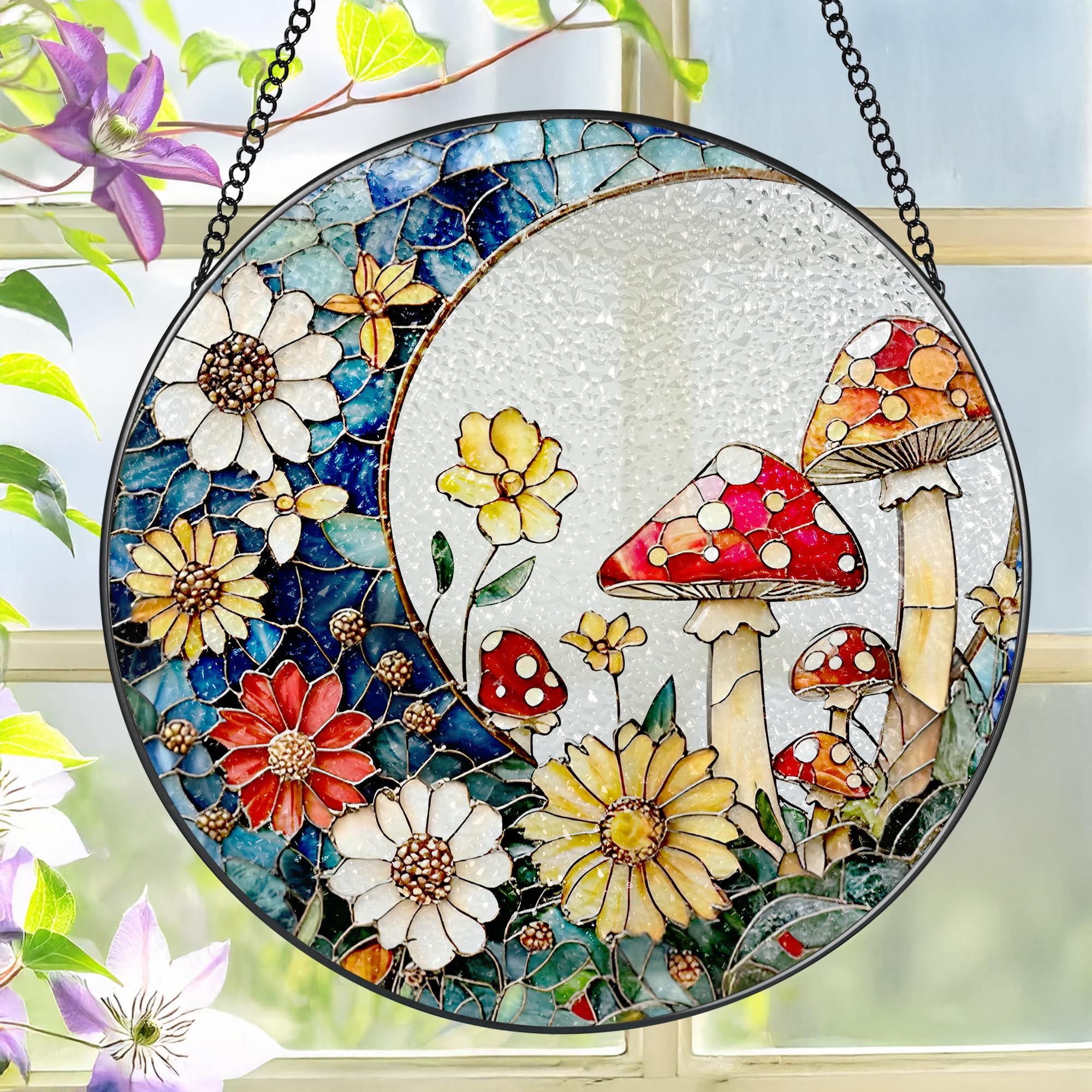 LAOWEIKI 8 Inch Mushroom Stained Glass Suncatcher front view