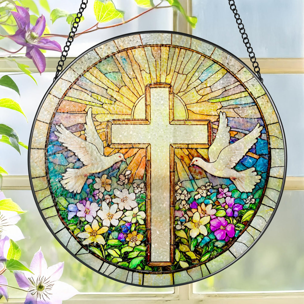 LAOWEIKI 8 Inch stained glass suncatcher featuring a cross and wildflowers