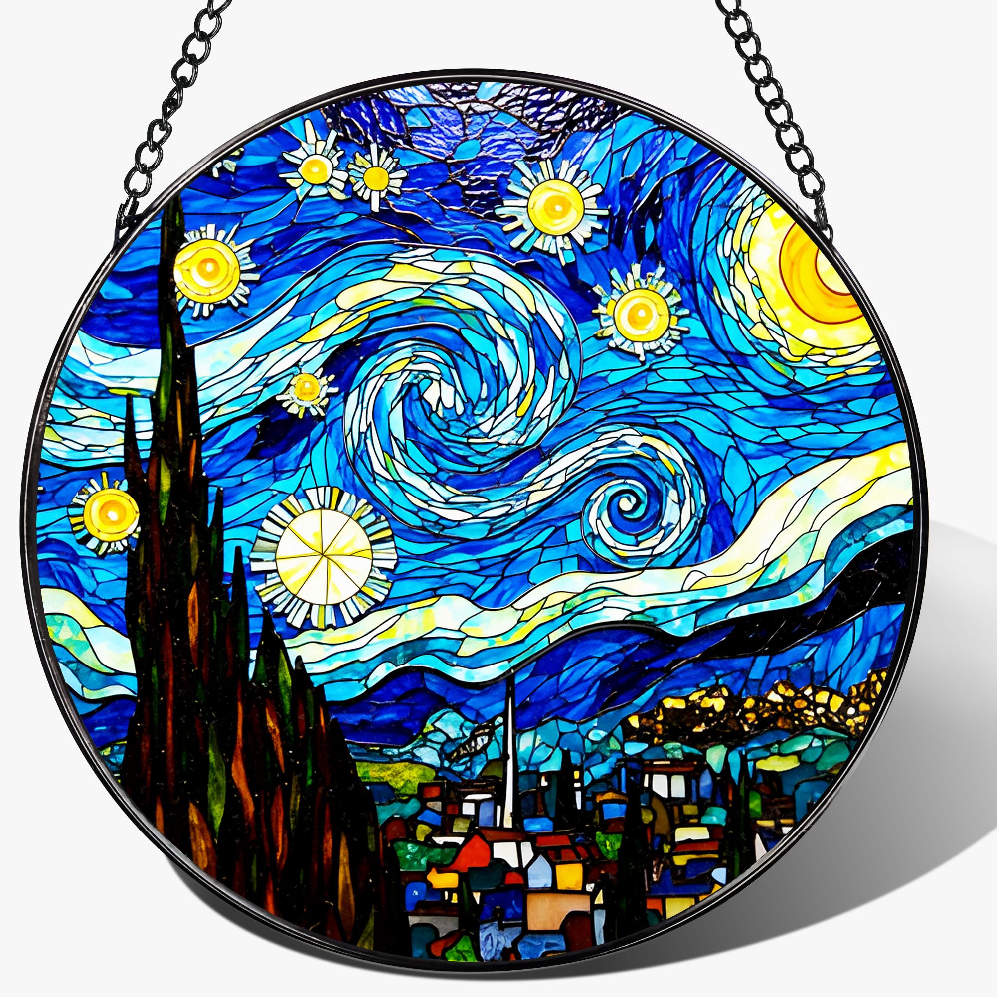LAOWEIKI 8-inch Starry Night stained glass sun catcher front view